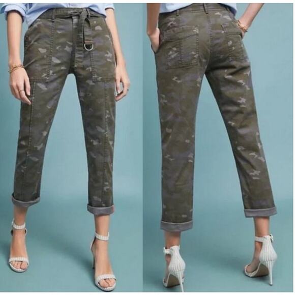 Anthropologie Wanderer Camo Utility Pants Linen Blend Women’s 29 Green Pockets - Picture 1 of 10